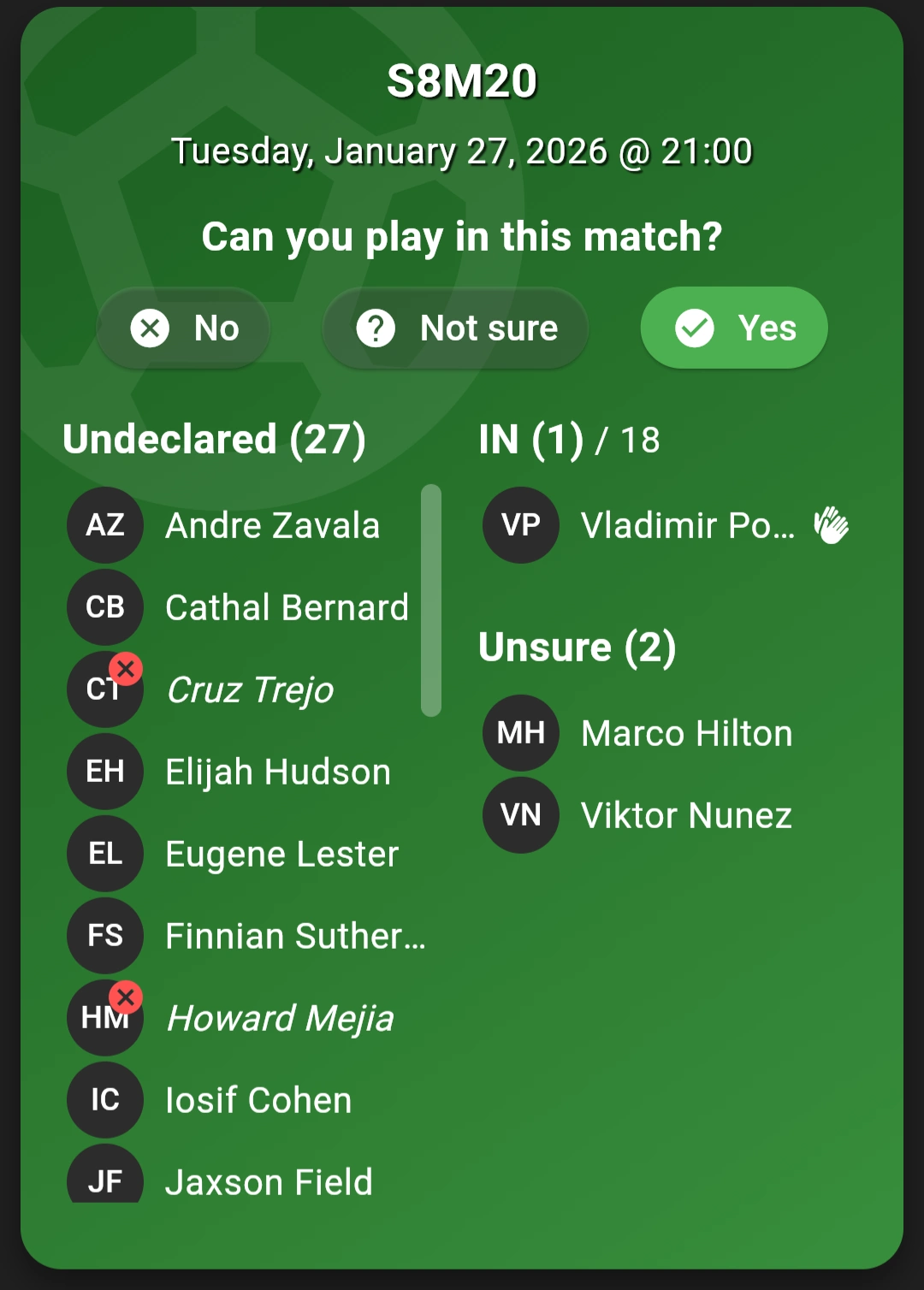 Player declarations showing who is in and out